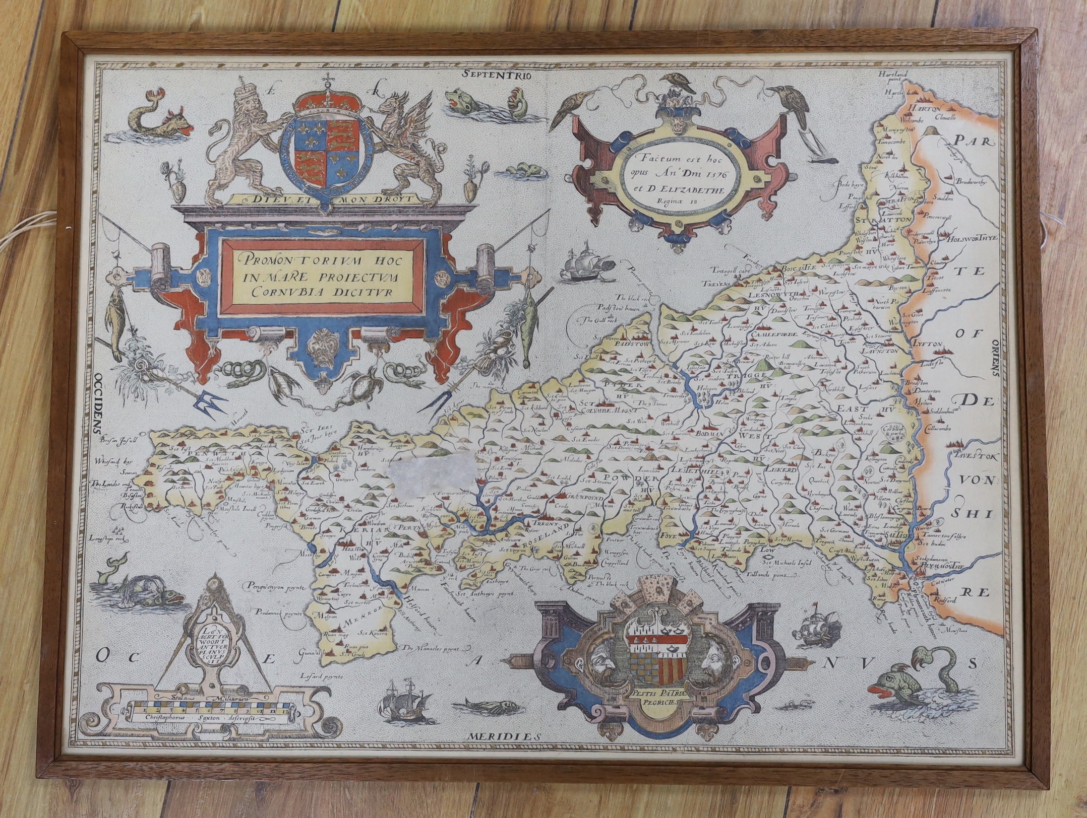 Kip after Saxton, coloured reprint, Map of Cornwall 1576, 37 x 50cm
